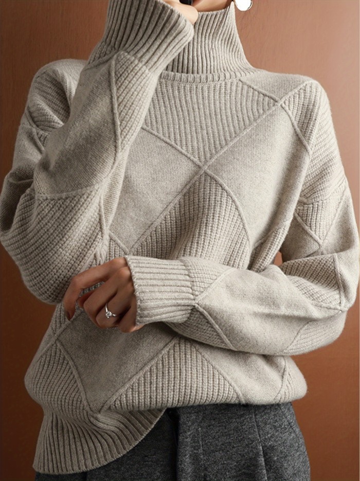 Solid Turtle Neck Pullover Sweater, Casual Long Sleeve Loose Thick Sweater, Women's Clothing