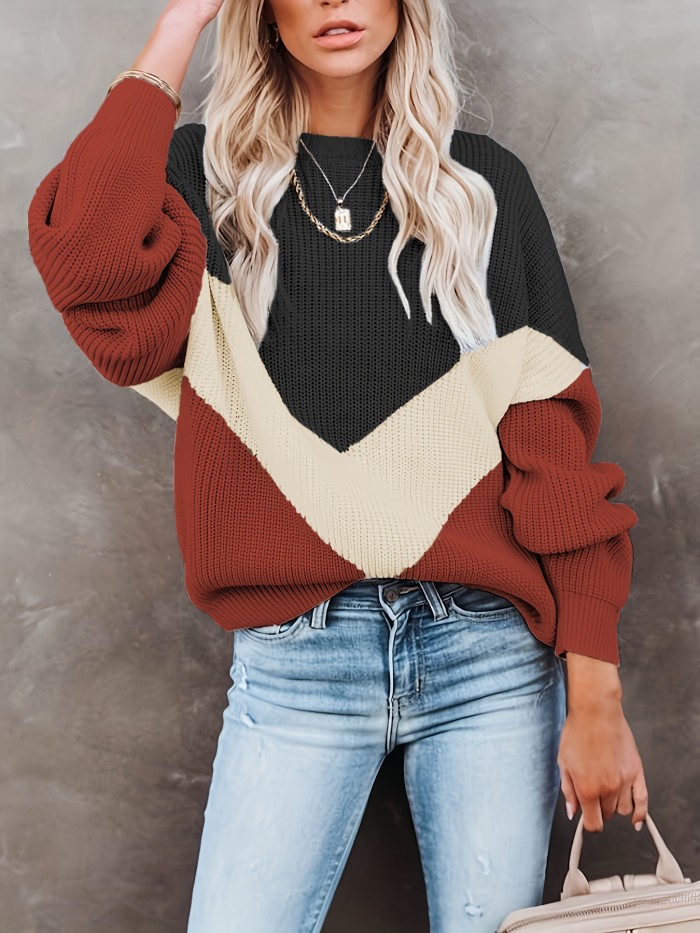 Color Block Crew Neck Pullover Sweater, Casual Long Sleeve Sweater For Fall & Winter, Women's Clothing