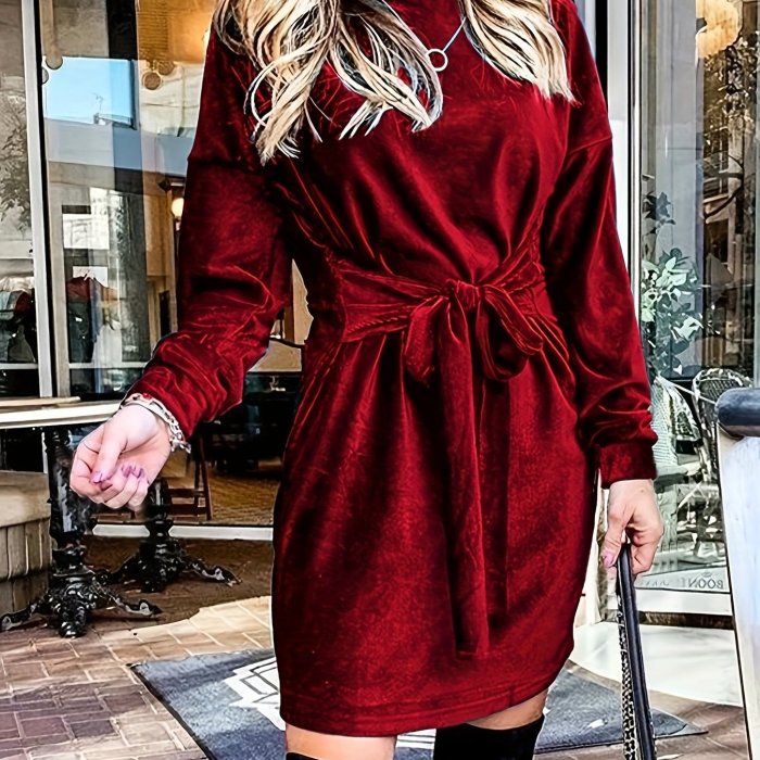 Tie Front Solid Dress, Elegant Crew Neck Long Sleeve Party Dress, Women's Clothing