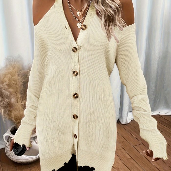 Solid Button Down Knit Cardigan, Casual Cold Shoulder Raw Hem Stylish Sweater, Women's Clothing