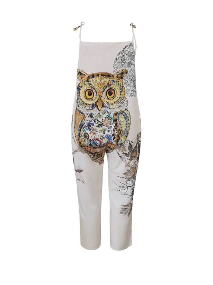 Plus Size Casual Jumpsuit, Women's Plus Paisley Owl Print Square Neck Tie Shoulder Straight Leg Cami Jumpsuit