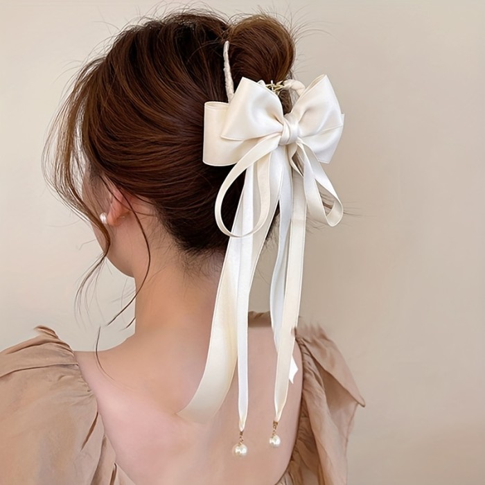 Elegant Retro Bowknot Ribbon with Pearl Hair Claw - Stylish Hair Clip for Back Hair
