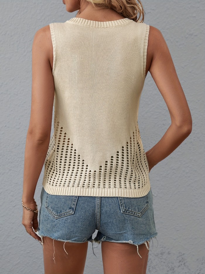 Cutout Knitted Sweater Vest, Casual Crew Neck Sleeveless Vest, Women's Clothing