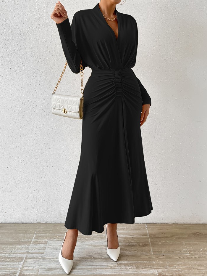 Ruched Solid Maxi Dress, Elegant V Neck Long Sleeve Dress, Women's Clothing