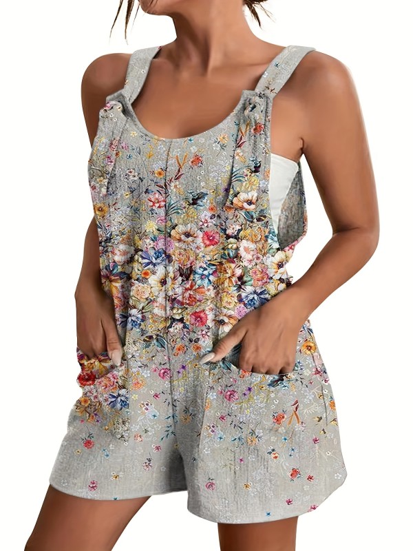 Plus Size Casual Romper, Women's Plus Floral Print Slight Stretch Knot Overalls With Pockets