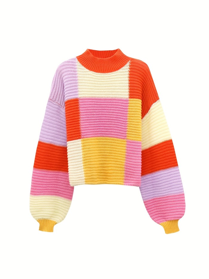 Color Block Mock Neck Pullover Sweater, Y2K Long Sleeve Sweater For Fall & Winter, Women's Clothing
