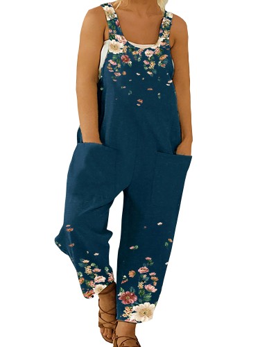 Plus Size Casual Jumpsuit, Women's Plus Floral Print Faux Pearl Decor Sleeveless Round Neck Loose Jumpsuit With Pockets