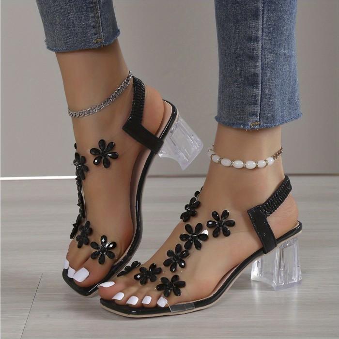 Women's Flower Rhinestone Block Heel Sandals, Fashion Square Open Toe Elastic Strap Slip On High Heels, Versatile Sandals