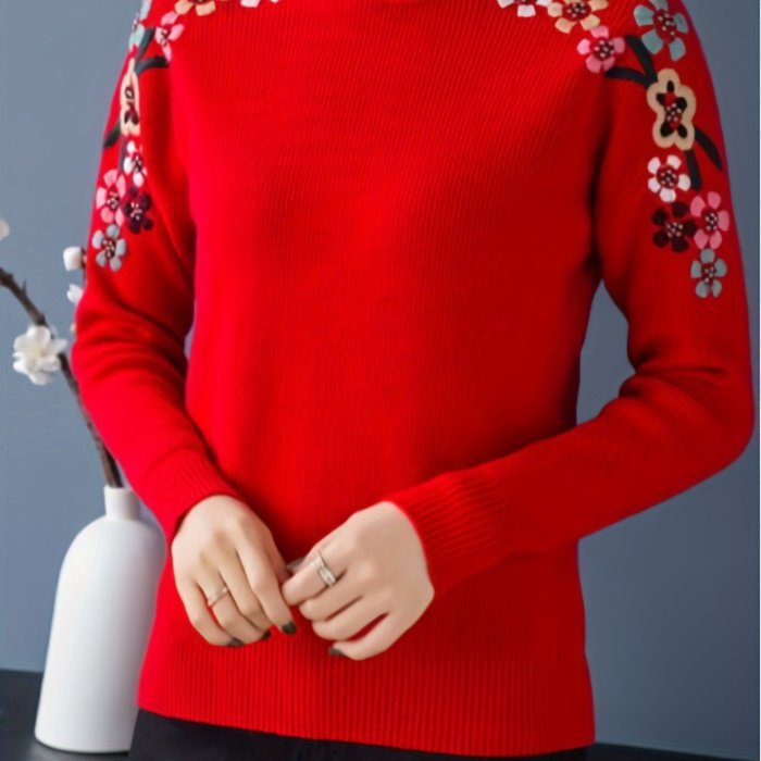 Floral Pattern Mock Neck Knit Sweater, Casual Long Sleeve Pullover Sweater, Women's Clothing