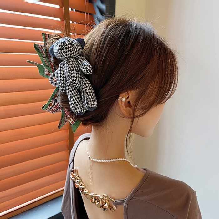 Cute Bear Doll Hair Claw Clip with Strong Hold Grip for Thick Hair - Non-Slip Houndstooth Bow Cartoon Hair Jaw Clip