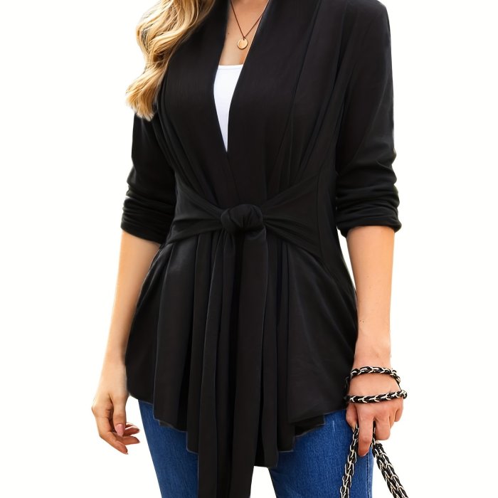 Solid Open Front & Sash Tie Cardigan, Casual Long Sleeve Fashion Draped Sweater, Women's Clothing