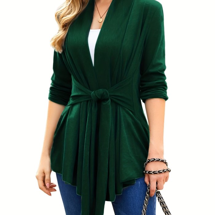 Solid Open Front & Sash Tie Cardigan, Casual Long Sleeve Fashion Draped Sweater, Women's Clothing