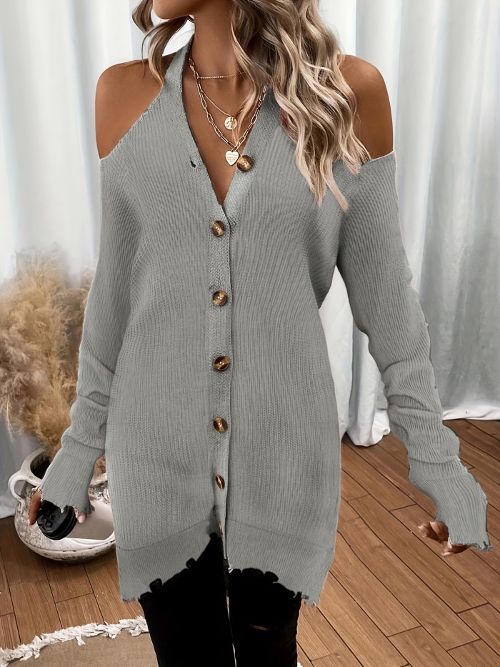 Solid Button Down Knit Cardigan, Casual Cold Shoulder Raw Hem Stylish Sweater, Women's Clothing