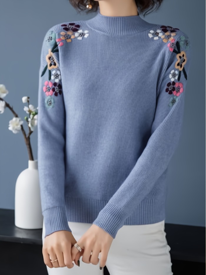 Floral Pattern Mock Neck Knit Sweater, Casual Long Sleeve Pullover Sweater, Women's Clothing