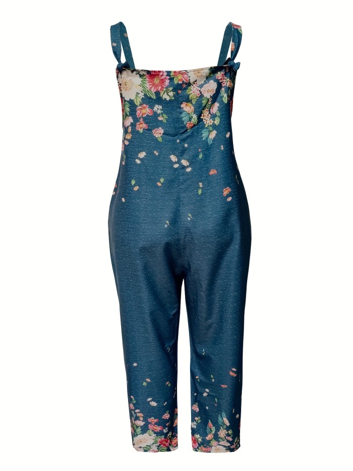 Plus Size Casual Jumpsuit, Women's Plus Floral Print Faux Pearl Decor Sleeveless Round Neck Loose Jumpsuit With Pockets