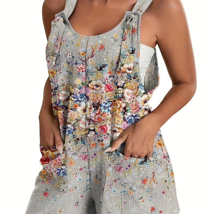 Plus Size Casual Romper, Women's Plus Floral Print Slight Stretch Knot Overalls With Pockets