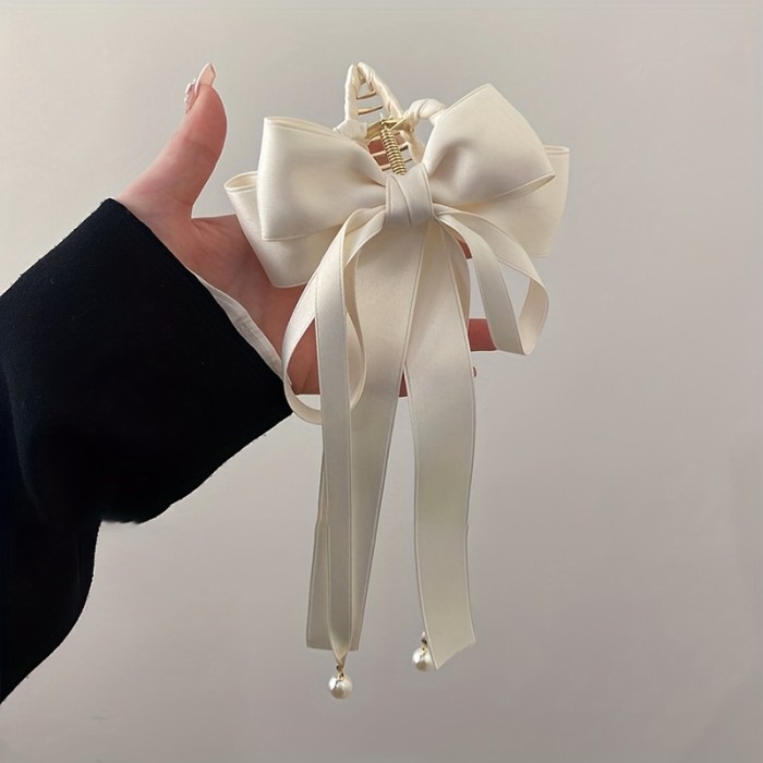 Elegant Retro Bowknot Ribbon with Pearl Hair Claw - Stylish Hair Clip for Back Hair