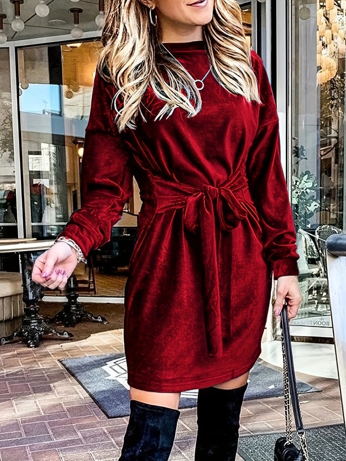 Tie Front Solid Dress, Elegant Crew Neck Long Sleeve Party Dress, Women's Clothing