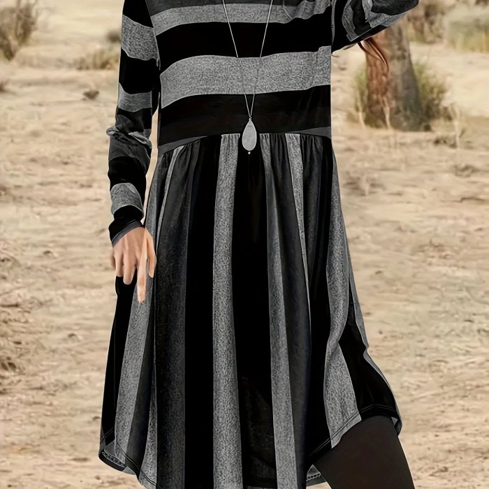 Plus Size Casual Dress, Women's Plus Colorblock Stripe Print Long Sleeve Round Neck Slight Stretch Dress