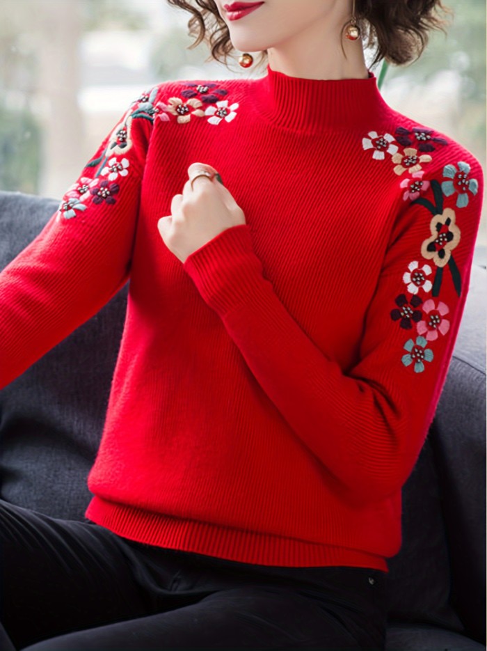 Floral Pattern Mock Neck Knit Sweater, Casual Long Sleeve Pullover Sweater, Women's Clothing
