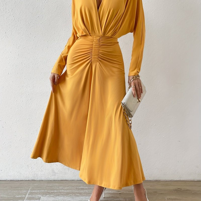 Ruched Solid Maxi Dress, Elegant V Neck Long Sleeve Dress, Women's Clothing