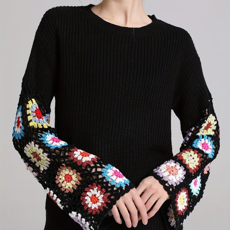 Floral Pattern Crew Neck Sweater, Casual Long Sleeve Drop Shoulder Sweater, Women's Clothing