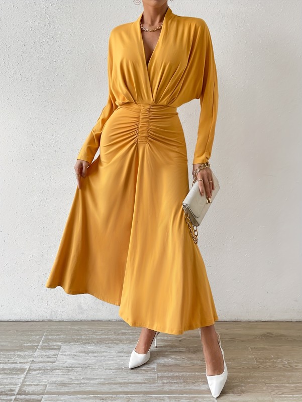 Ruched Solid Maxi Dress, Elegant V Neck Long Sleeve Dress, Women's Clothing