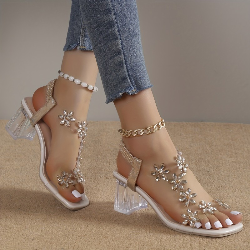 Women's Flower Rhinestone Block Heel Sandals, Fashion Square Open Toe Elastic Strap Slip On High Heels, Versatile Sandals