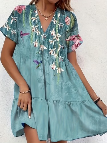 Plus Size Casual Dress, Women's Plus Floral Print Short Sleeve V Neck Ruffle Trim Summer Dress