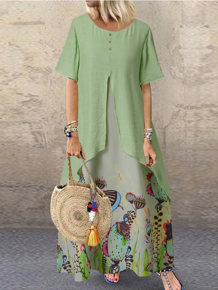 Floral Print Asymmetrical Round Neck Short Sleeve Dress, Casual Loose Vintage Maxi Dress, Women's Clothing