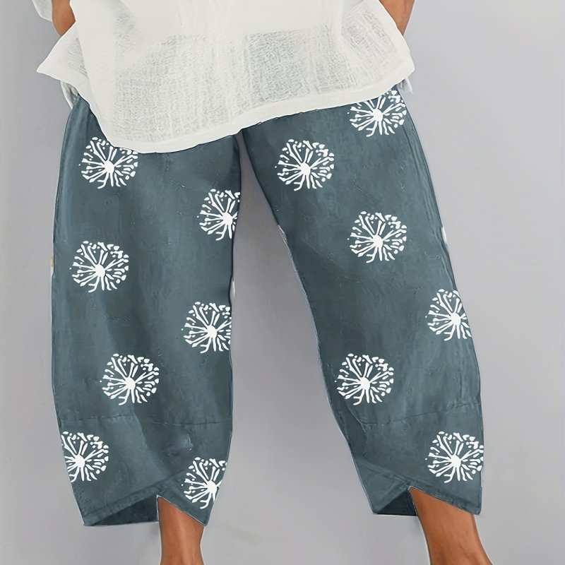 Plus Size Casual Pants, Women's Plus Dandelion Print Breathable Loose Fit High Rise Comfortable Wide Leg Pants