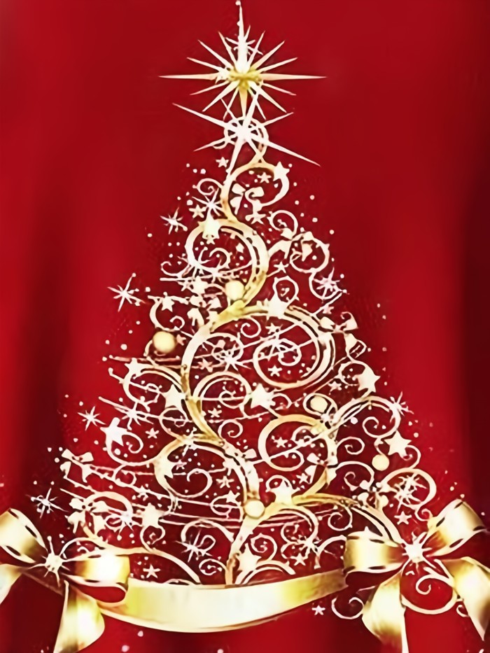 Plus Size Christmas Casual Top, Women's Plus Tree & Snowflake Print Long Sleeve Round Neck Medium Stretch Top