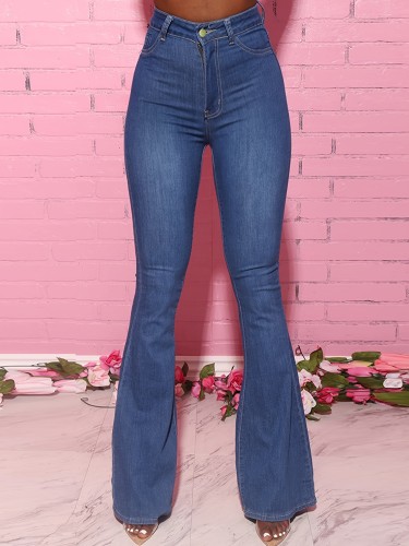 Plus Size High Waist Button Fly Flared Leg Jeans, Women's Plus Casual Solid Flared Leg Jeans