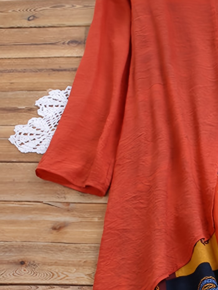 Plus Size Boho Dress, Women's Plus Graphic Print Button Decor Short Sleeve Cloak Design One Piece Maxi Dress