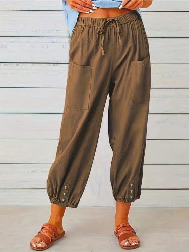 Plus Size Casual Pants, Women's Plus Solid Drawstring Elastic Button Decor Pants