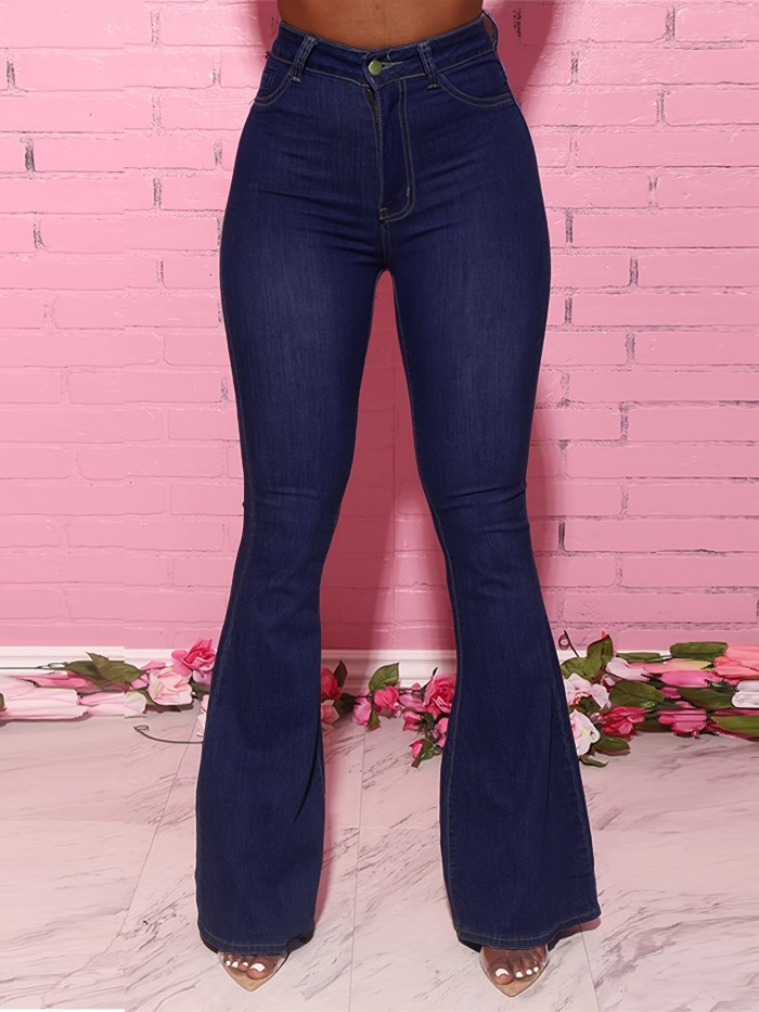 Plus Size High Waist Button Fly Flared Leg Jeans, Women's Plus Casual Solid Flared Leg Jeans