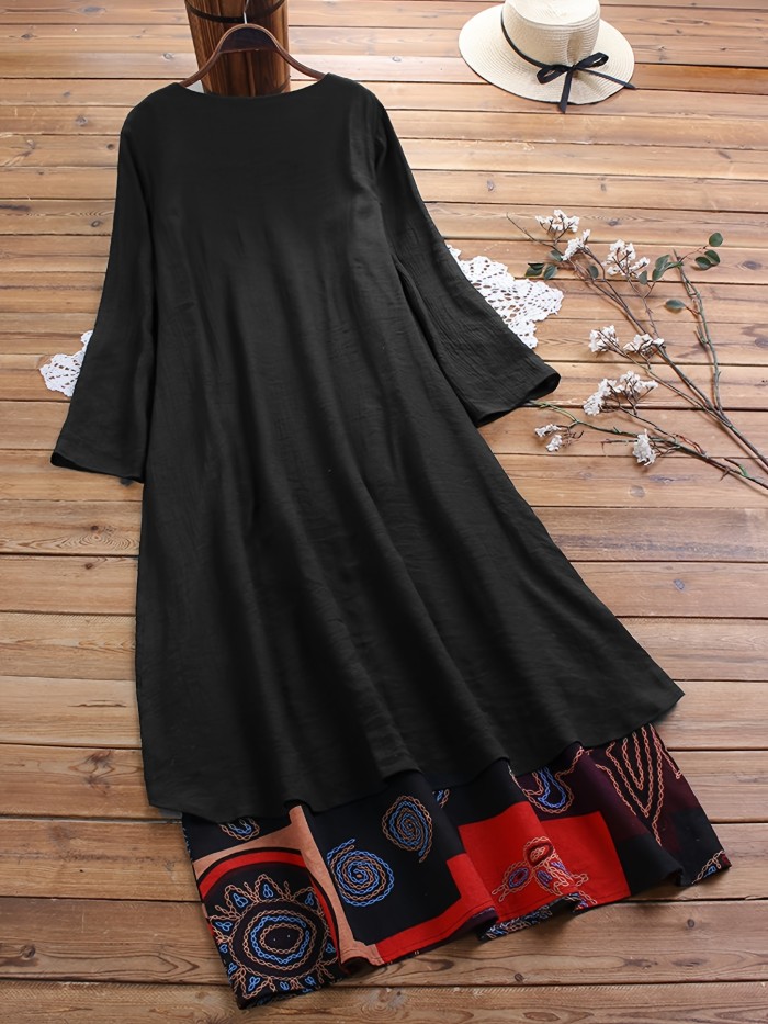 Plus Size Boho Dress, Women's Plus Graphic Print Button Decor Short Sleeve Cloak Design One Piece Maxi Dress