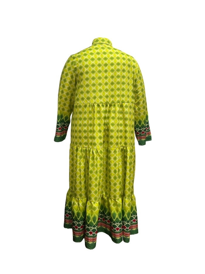 Plus Size Boho Dress, Women's Plus Geometric Print Long Sleeve Button Up Lapel Collar Smock Maxi Dress