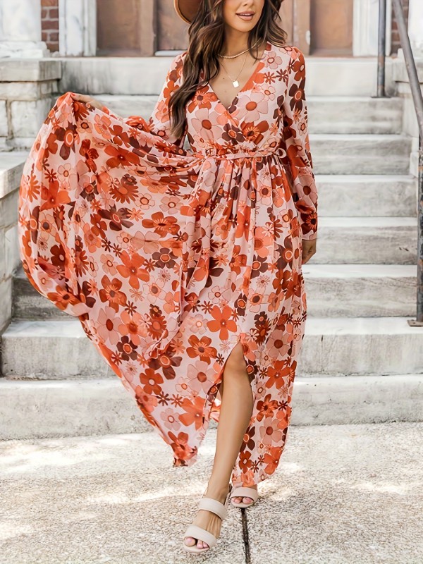 Plus Size Romantic Dress, Women's Plus Floral Print Long Sleeve Surplice Neck Split Hem Maxi Dress With Belt