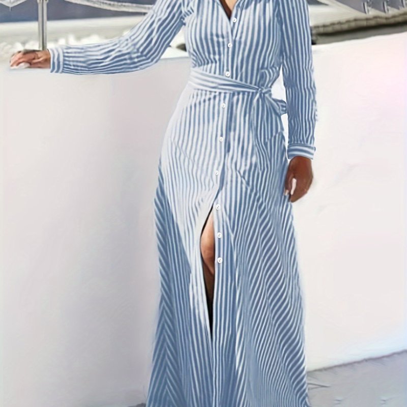 Plus Size Casual Dress, Women's Plus Stripe Print  Button Up Long Sleeve Lapel Collar Maxi Shirt Dress