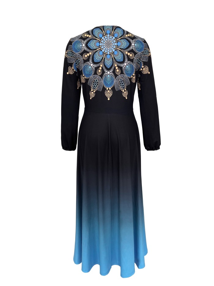 Ethnic Print Gradient Dress, Elegant V Neck Long Sleeve Maxi Dress, Women's Clothing