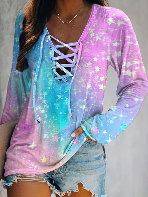 Plus Size Casual T-shirt, Women's Plus Tie Dye Lace Up Long Sleeve V Neck Medium Stretch T-shirt