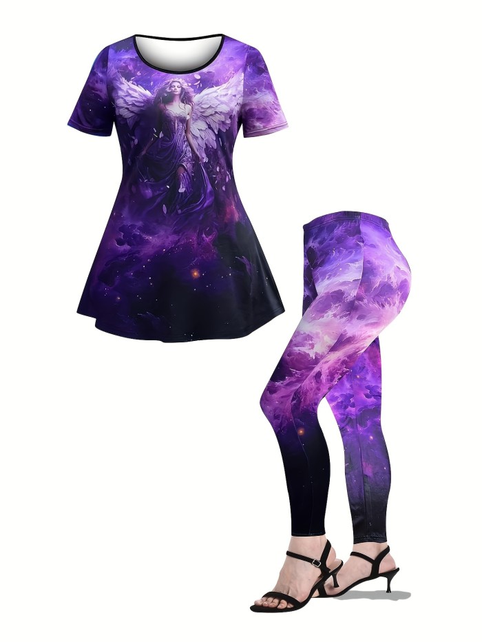Plus Size Elegant Outfits Set, Women 's Plus Tie Dye Butterfly Print Round Neck Short Sleeve Pleated Top & Leggings Outfits Two Piece Set
