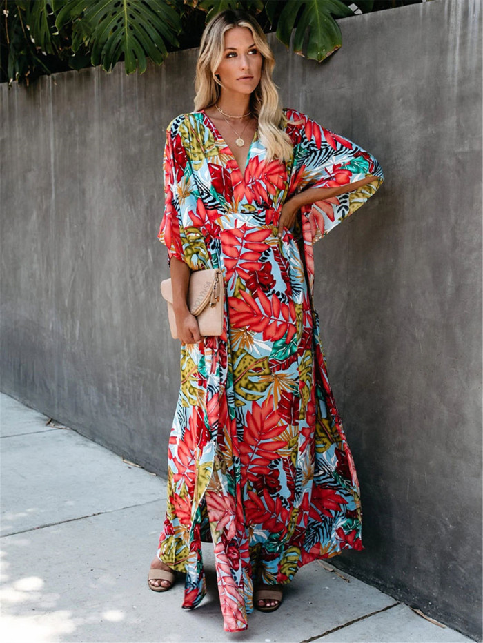 Floral Print Batwing Maxi Dress, Vacation Beach Maxi V Neck Dress, Women's Clothing
