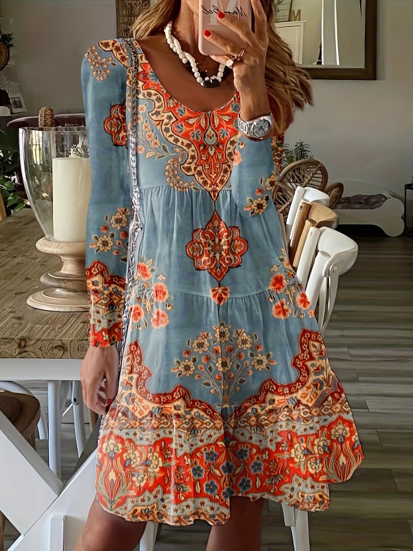 Floral Print Crew Neck Dress, Boho Long Sleeve Dress, Women's Clothing