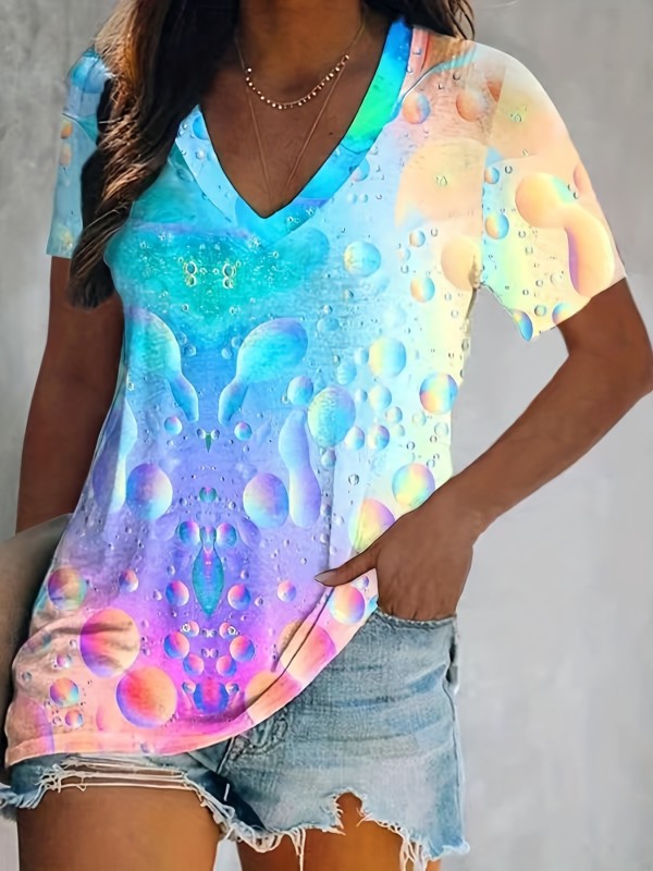 Plus Size Casual Top, Women's Plus Colorful Bubble Print Short Sleeve V Neck Slight Stretch Tee