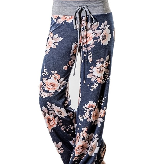Plus Size Floral Print High Rise Drawstring Long Pants, Women's Plus Slight Stretch Loose Casual Pants