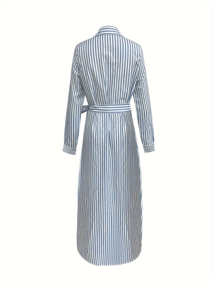 Plus Size Casual Dress, Women's Plus Stripe Print  Button Up Long Sleeve Lapel Collar Maxi Shirt Dress
