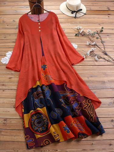 Plus Size Boho Dress, Women's Plus Graphic Print Button Decor Short Sleeve Cloak Design One Piece Maxi Dress