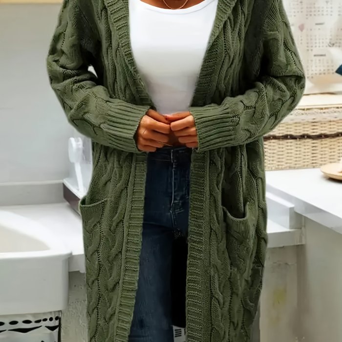 Plus Size Casual Cardigan, Women's Plus Cable Knit Long Sleeve Open Front Medium Stretch Hooded Sweater Cardigan With Pockets